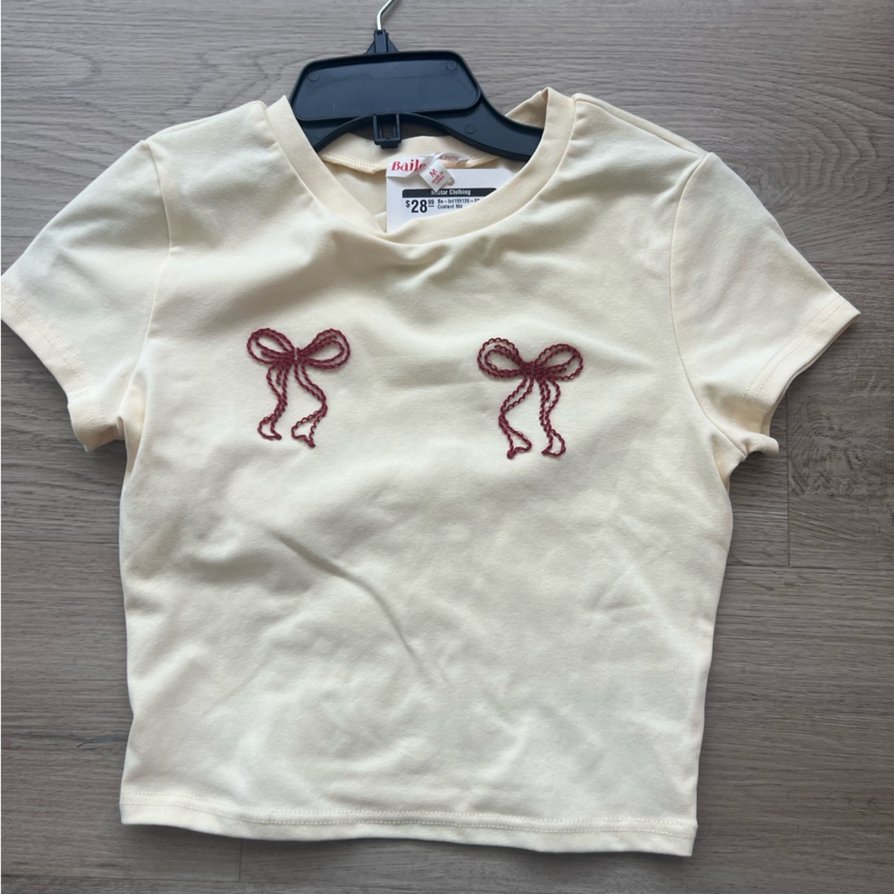 Cream T-Shirt with Red Bow Embroidery